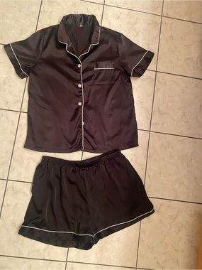 Black Satin Short Sleeve Pajama Set with White Piping